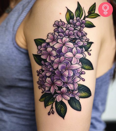 Lilac Sleeve Tattoo, Lilac Tattoo Color, Lilac And Lavender Tattoo, Lilac Arm Tattoo, Floral Tattoo Design Leg, Flower Tattoos Purple, Wildflowers Tattoos, Black And Purple Tattoos, Lilac Outline