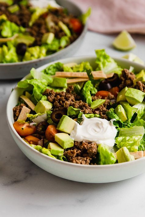 This taco salad is a fresh and flavorful Tex-Mex inspired one-pan meal, perfect for easy dinners or meal prepped lunches. It is dairy-free, paleo, and easily made AIP and Whole30. Aip Taco Salad, Meal Prepped Lunches, Paleo Taco Salad, Aip Dinners, Paleo Taco, Aip Protocol, Paleo Tacos, Fairytale Food, Turkey Taco Salad