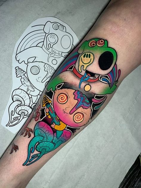 Stewie Tattoo, Family Guy Tattoo, Guy Tattoos, Rock Tattoos, Griffin Tattoo, Rick And Morty Tattoo, Horrible Tattoos, Live Tattoo, Skull Art Tattoo