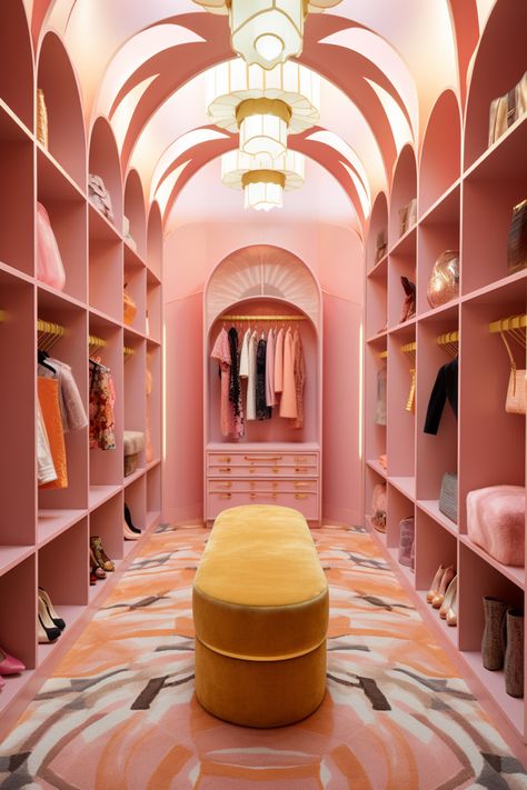 Bold Closet Color, Colourful Walk In Closet, Pretty Closet Aesthetic, Ladies Walk In Closet, Pink Walking Closet, Pink Walk In Closet Ideas, Maximalist Walk In Closet, Funky Walk In Closet, Walk In Closet Aesthetic Pink