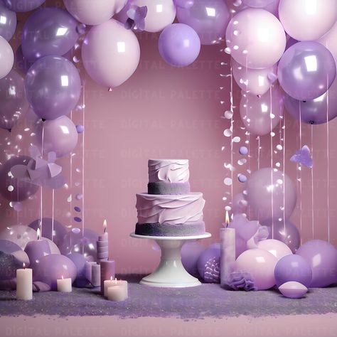 Celebrate in style with this charming purple-themed digital backdrop! Featuring a beautiful arrangement of balloons, candles, and a tiered cake, this high-quality digital background is perfect for birthdays, baby showers, or any special event. With soft lavender and pastel tones, this backdrop creates an elegant and festive atmosphere, making your photos truly stand out. Ideal for photographers, party planners, or content creators, it's the perfect addition for creating memorable party moments. Light Pink And Purple Party Decorations, Sweet 16 Pink And Purple Theme, Lilac Birthday Party Ideas, Lavender Party Decor, Purple Decorations Party, Lavender Birthday Decorations, Lavender Party Theme, Purple Birthday Theme, Purple Theme Birthday