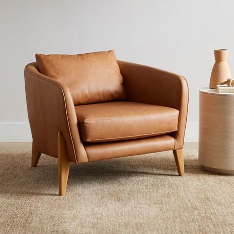 Modern Living Room Chairs | West Elm Leather Accent Chair, Leather Lounge Chair, Leather Lounge, Key Details, Oak Finish, Polyurethane Foam, Beautiful Bathrooms, Walnut Finish, Top Grain Leather