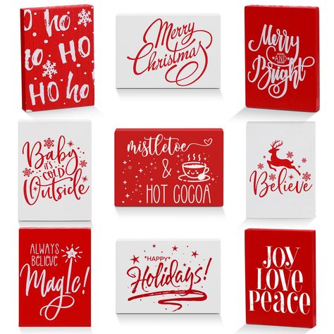 PRICES MAY VARY. Christmas Home Decor Set: you will receive 9 pieces of Christmas wooden signs with 9 different sayings and designs, simple but stylish, which are cute embellishments for your home and sufficient to meet your diverse decoration needs Suitable Size: each Christmas block sign is about 8.9 x 6.35 x 1.2 cm/ 3.5 x 2.5 x 0.47 inches, compact and lightweight, suitable for placing on the dining tables, tiered trays, shelves, office desks, tea table, window sills and more, without taking Cricut Christmas Signs, Christmas Sayings Signs, Painted Christmas Signs, Christmas Sign Ideas, Painted Blocks, Shelves Office, Tiered Tray Decorations, Xmas Table Decorations, Table Decor Christmas