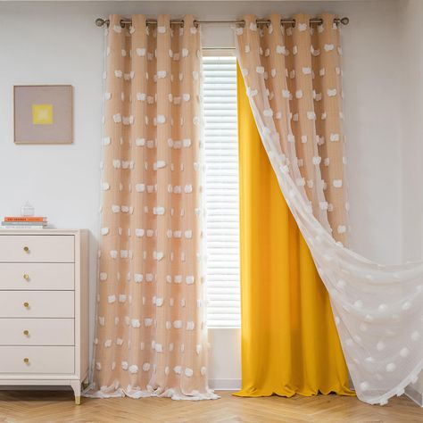 PRICES MAY VARY. PLEASENT EXPERIENCE: Made of 100% polyester fiber, high-quality fabrics give you a silky touch. Double-layer design, the front sheer and the back curtain achieve a perfect elegant look PRODUCT INFORMATION: Includes 2 curtain panels, Each panel measures 52" W x 95" L | Set measures 104" W x 95" L, and each curtain has 8 premium anti-rust grommets on the top UNIQUE DESIGN: The unique big pom pom design looks very high-end, update the look for your room. Our 2 layers sheer and curt Yellow Curtains Bedroom, Yellow Kids Bedroom, Double Layer Curtains, Layer Curtains, Princess Curtains, Bedroom Princess, Boys Bedroom Curtains, Daughter Room, Girls Room Curtains