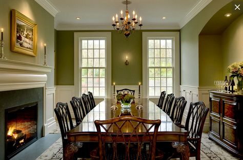 Sherwin Williams Tupelo Tree Paint Dining Room With Fireplace, Dining Room Decor Traditional, Dining Room Paint Colors, Green Dining Room, Dining Room Fireplace, Traditional Dining Rooms, Dining Room Paint, Grey Dining Room, Dining Room Colors