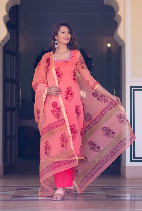 Coral Peach Hand Block Printed Kota Doriya Suit Set Doriya Kurti Design, Doriya Suit Design, Kota Doriya Suit Designs, Block Print Dupatta, Hand Block Printed Suits, Kota Doria Suits, Printed Suit, Kurti Set, Kurti Design