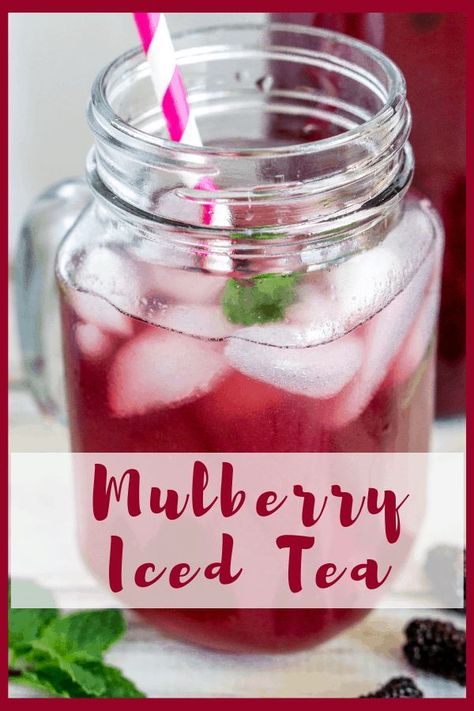 Mulberry Iced Tea, made with a simply mulberry syrup from fresh mulberries and steeped green tea. This recipe can also be made from fresh mulberries, blackberries, or blueberries, skipping the step to make the syrup. #icedtea #icedgreentea #mulberries #mulberryrecipes #mulberry #greentea #homemadeicedtea #summer #drinks #summerdrinks #vegan #glutenfree Mulberry Salad Recipes, Mulberry Juice Recipe, What To Do With Mulberries, White Mulberry Recipes, Mullbery Recipe, Mulberry Lemonade, Mulberry Syrup, Mulberry Jam Recipe, Mulberry Benefits