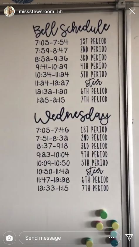 Vinyl bell schedule Vinyl Classroom Ideas, Bell Schedule Display, Classroom Schedule Display Middle School, Fun High School Classroom Decor, High School Science Room Decor Classroom Ideas, Jr High Classroom Decor Middle School, Cute High School Classroom Ideas, Cute Math Classroom Decor, White Board Schedule Ideas Classroom