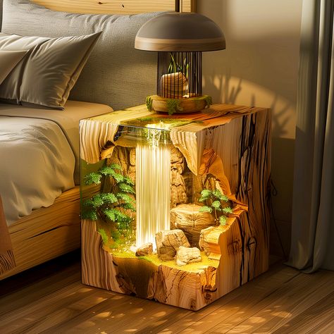 Aqua Dreams: Dive into the World of Waterfall Epoxy Bedside Tables - ArtistryApex.com Waterfall Resin Table, Epoxy Resin Table Ideas, Resin Table Ideas, Waterfall Bedroom, Saved Pictures, Epoxy Ideas, Project House, Epoxy Resin Table, Matching Furniture