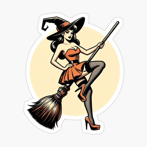 Witch Pinup, Pinup Witch, 13 Sticker, Betty Boop Tattoos, Halloween Flash, Cartoon Witch, Pin Up Girl Tattoo, Witches Broomsticks, Witch Drawing