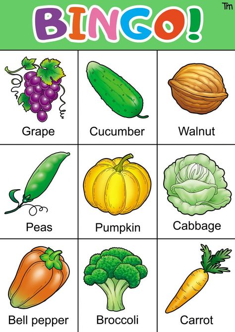 Fruit and Veggie Bingo Game with FREE Bingo Cards | TeachersMag.com Free Printable Bingo Cards, Veggie Plate, Free Bingo Cards, Printable Bingo Games, Bingo For Kids, Healthy Bodies, Vegetable Pictures, Nutrition Activities, Fruit And Veggie