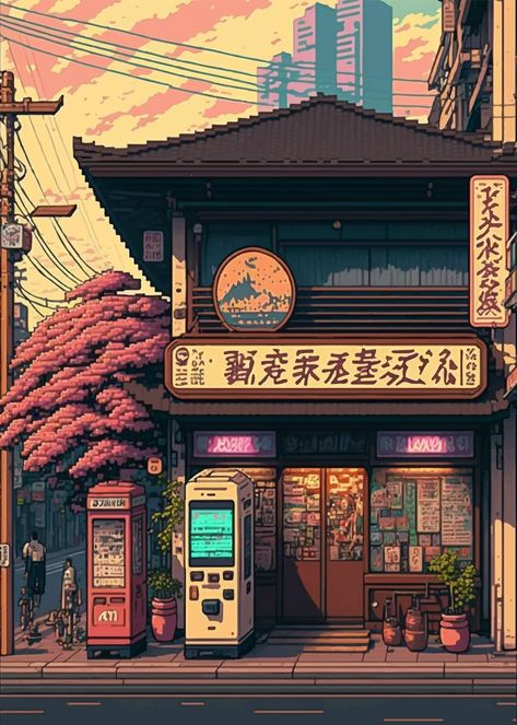 'Japan Pixel art' Poster by M Art | Displate Pixel art background #zicxa-photos #zicxa #images #background #wallpaper #freepik #shutterstock #VN Pixel Art Landscape, Pixel Art Background, Anime City, Arte 8 Bits, 8bit Art, Posca Art, Art Japonais, Cool Wallpapers Art, Wall Art Canvas Painting