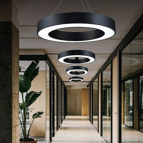 Office Ceiling Design, Kitchen Ceiling Design, Modern Living Room Lighting, Office Ceiling, Acrylic Chandelier, Plafond Design, Ring Chandelier, Kitchen Ceiling, Pendant Light Design