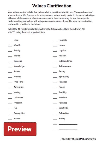 Values Clarification (Worksheet) | Therapist Aid Acceptance And Commitment Therapy Values, Values Clarification Worksheet, Value Clarification Activities, Acceptance And Commitment Therapy Worksheets, Lgbtq Therapy, Values Exploration, Values Activity, Values Activities, Values Clarification