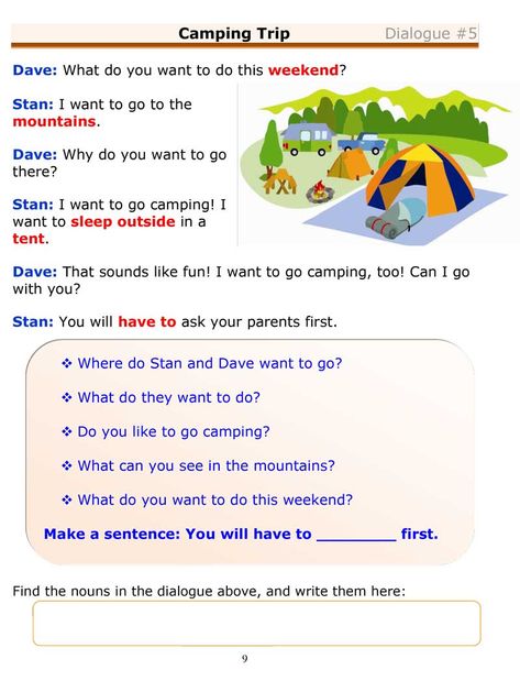 Fun ESL dialogue for kids about a camping trip, featuring a simple ESL grammar worksheet introducing "there is" and "there are". English Dialogues For Beginners, Dialogue Conversation, Conversation For Kids, English Dialogues, Fraction Wall, English Conversation For Kids, Speaking Activities English, English Speaking Book, Kindergarten Word Families