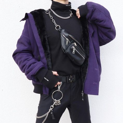 Goth Outfits Purple, Goth Guy Outfits, Purple Grunge Outfits, Casual Goth Outfits, Edgy Outfits Men, E Boy Outfits, Purple Streetwear, Streetwear Outfit Men, Aesthetic Clothes Men