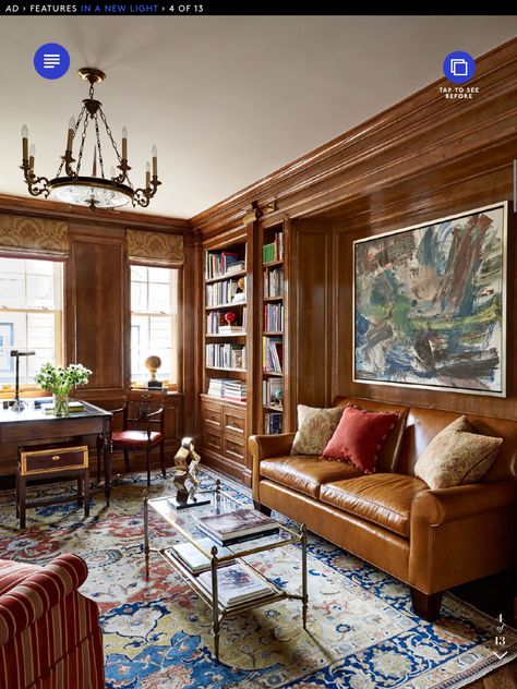 that rug though Traditional Office Decor, Manhattan Penthouse, Traditional Office, Apartment Makeover, Manhattan Apartment, French Chandelier, Apartment Renovation, Home Libraries, Jazz Age