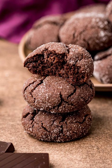 Soft Chocolate Sugar Cookies are loaded with chocolate flavor by using bittersweet chocolate, espresso powder, and cocoa powder! They're then rolled in granulated sugar for a deliciously sweet finish to the tender cookies! Chocolate Sugar Cookie Recipe, Soft Chocolate Cookie, Cocoa Powder Cookies, Butter Sugar Cookies, Chocolate Sugar Cookies, Cocoa Cookies, Espresso Powder, Chocolate Espresso, Chocolate Cookie Recipes