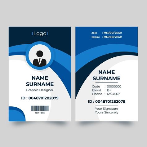 Download Vertical ID card with blue dynamic curve design Vector Art. Choose from over a million free vectors, clipart graphics, vector art images, design templates, and illustrations created by artists worldwide! Id Card Design Template, Blue Business Card Design, Identity Card Design, Id Card Design, Employee Id Card, Employees Card, Kad Nama, Card Design Template, Blue Business Card