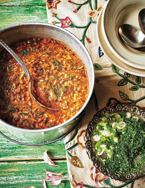 To say that aash is merely a soup would be underselling it – this hearty staple of Persian cuisine is always herb- based but there are many varieties: some with meat, some with barley, rice, tomato or pomegranate molasses. It’s the best comfort food on a cold day. This is Sabrina Ghayour's Western version but still every bit as delicious Persian Soup, Best Lentil Recipes, Puy Lentils, Carrot And Lentil Soup, Olive Magazine, Spiced Lentils, Hearty Soup Recipes, Persian Cuisine, Food Vegetarian