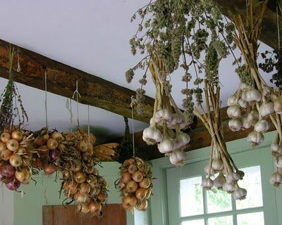 Garlic Hanging Kitchen, Hanging Garlic In Kitchen, Hanging Garlic To Dry, Drying Garlic Hanging, Garlic Decor, Garlic Braiding, Hanging Garlic, Drying Garlic, Garlic Hanging