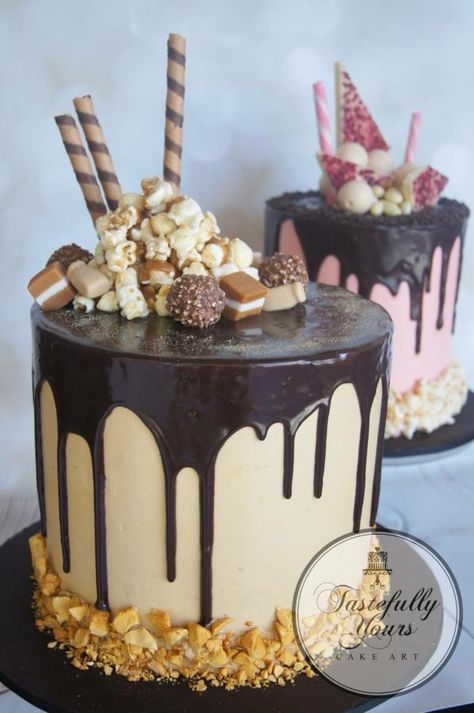 Double the fun by Marianne: Tastefully Yours Cake Art Bolo Drip Cake, Drippy Cakes, Cakes Decorated, 21st Cake, Chocolate Drip Cake, Cake Hacks, Drip Cake, Occasion Cakes, Drip Cakes