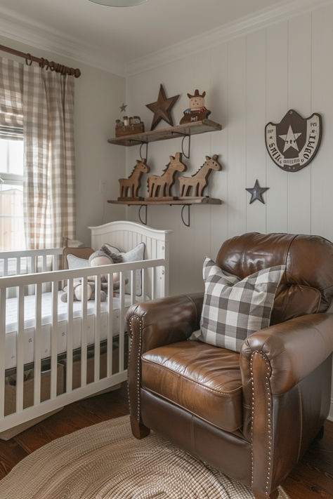 nursery decor, cowboy theme nursery, nursery ideas, neutral nursery Western Boy Nursery Ideas, Country Nursery Baby Boy, Western Style Nursery, Country Baby Nursery, Western Baby Room, Stylish Nursery Ideas, Western Baby Boy Nursery, Western Nursery Ideas, Western Boys Room