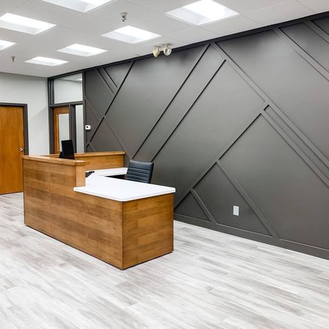 Red Door Construction Infinite Recycled Tech Headquarters Custom Reception Desk Design Shop Reception, Custom Reception Desk, Reception Desk Design, Office Remodel, Auto Repair Shop, New Office, Design Board, Red Door, Repair Shop