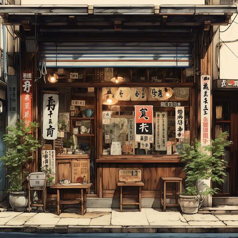 Japanese Store Fronts, Culture Illustration, Ramen House, Japanese Restaurant Design, Bookstore Design, Cafe Exterior, Ramen Bar, Japanese Shop, Houses Ideas