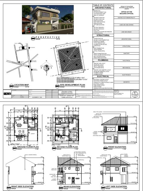 The document contains an architectural plan for a building project. It includes a table of contents and floor plans, elevations, sections and structural plans. Specifically, it lists ground floor plans, second floor plans, front/side/rear elevations, sections, roof plans, schedules and structural details like foundation plans, framing plans and column footing details. Floor Plan With Section And Elevation, Floor Plan With Measurements, Site Development Plan, 1 Story House, Architectural Plan, Architecture Design Process, Elevation Plan, 2 Storey House, Development Plan