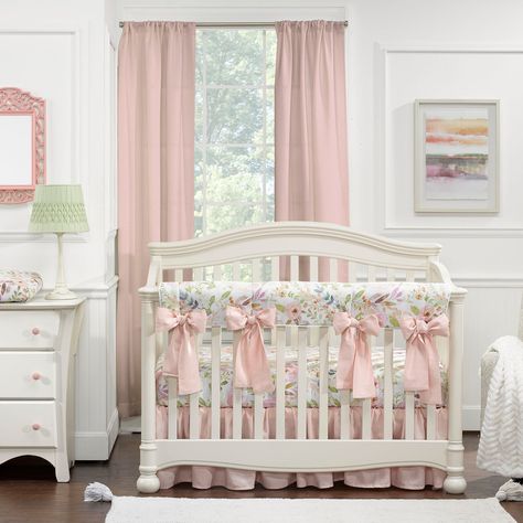 This buttery soft bamboo/viscose blush watercolor pattern features beautiful blossoms in pink, peach, lavender and gray for your baby girl's nursery, plus green fronds to complement this pattern. Coordinating blush watercolor pieces include a crib rail cover, crib skirt, changing pad cover and custom curtains and blankets. Linen Crib Bedding, Floral Nursery Bedding, Luxury Baby Bedding, Baby Girl Crib Bedding Sets, Floral Crib Bedding, Peach Lavender, Floral Crib Sheet, Girl Crib Bedding Sets