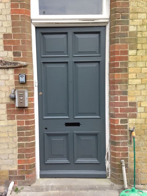 Elements of a home - front door with first coat of @Farrow and Ball Downpipe Farrow And Ball Front Door, Front Door Farrow And Ball, Victorian Door, No 26, House Front Door, Farrow And Ball, House Design Photos, Front Doors, Exterior Colors