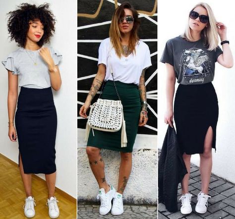 Pencil skirt casual outfits with sneakers Pencil Skirt With Sneakers, Skirt Outfits With Sneakers, Pencil Skirt Sneakers, Black Pencil Skirt Outfit, Skirt With Sneakers, Casual Pencil Skirt, Pencil Skirt Outfits Casual, Outfits With Sneakers, Skirts With Sneakers