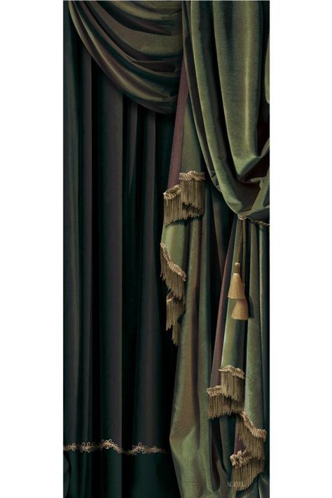 Green velvet theatre curtain - trompe-l'œil wallpaper by Christophe Koziel Rideaux Boho, Headboard Curtains, Theatre Curtains, Velvet Decor, Green Drapes, Purple Curtains, Brown Curtains, Yellow Curtains, Cheap Curtains