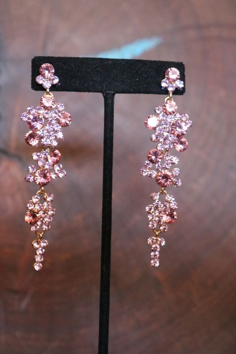 Pink Rhinestone Earrings Pink Dangle Earrings. Light Pink | Etsy Light Pink Quinceanera Dresses, Light Pink Earrings, Quinceanera Jewelry, Quinceanera Pink, Pink Sweet 16, Pink Dangle Earrings, Pink Quince, Quinceanera Dresses Pink, Prom Accessories