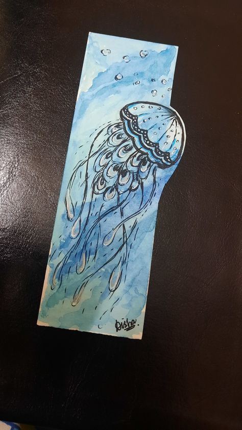 Ocean Themed Bookmarks, Ocean Bookmark Diy, Book Marks Drawing, Unique Bookmarks Diy, Sketch Book Marker, Bookmark Ideas Watercolor, Bookmark Watercolor Ideas, Jellyfish Bookmark, Romantic Bookmarks