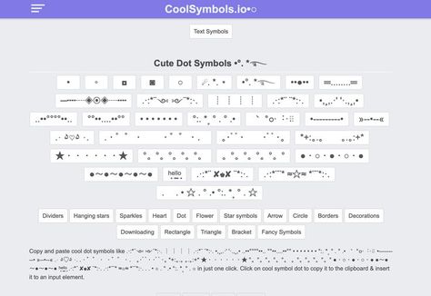 dot symbols Cute Text Icon, Dot Symbol, Emoji Texts, Name Symbols, Star Emoji, Cute Text Symbols, Cool Symbols, Circle Borders, Hanging Stars