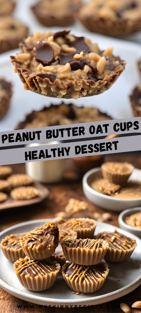 🥜🍫 No-Bake Peanut Butter Oat Cups—an easy, healthy dessert with just a few ingredients! Perfect for a quick snack or guilt-free treat, these creamy peanut butter oat cups are topped with dark chocolate and packed with wholesome oats. #NoBakeDessert #HealthySnacks #PeanutButterLovers #OatCups #FewIngredients🍯✨ Healthy Pb Desserts, Peanut Butter Oat Bites, No Bake Oatmeal Cups, No Bake Rolled Oats Recipe, Snacks To Make With Oats, Peanut Butter Oats Cups, No Bake Peanut Butter Oatmeal Cups, Healthier Sweet Snacks, Healthy Desserts With Peanut Butter