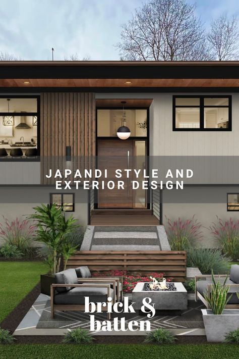 Modern Japandi Exterior Design, Japandi Exterior House Colors, Exterior Japandi House, Japandi Exterior Design House, Japandi Style House Exterior, Japandi Style Exterior, Japandi Front Porch, Zen Exterior House, Japandi Architecture Exterior