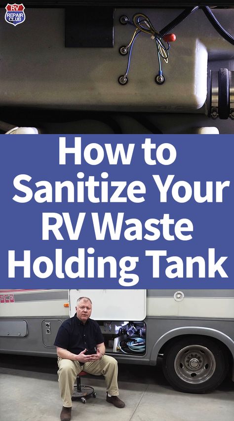 Over time the RV waste holding tank can begin to smell. This is caused by a build-up of bacteria and other waste products left in the tank after dumping. Even if you properly dump your RV waste holding tanks and use the appropriate cleaning chemicals in the tanks, it is still important to take the time to thoroughly clean and sanitize the grey and black water tanks. It is a good idea to do this every now and then, especially before putting the RV in storage. Camper Maintenance, Rv Camping Tips, Travel Trailer Camping, Rv Repair, Rv Maintenance, Water Tanks, Camper Living, Mobil Home, Cleaning Chemicals