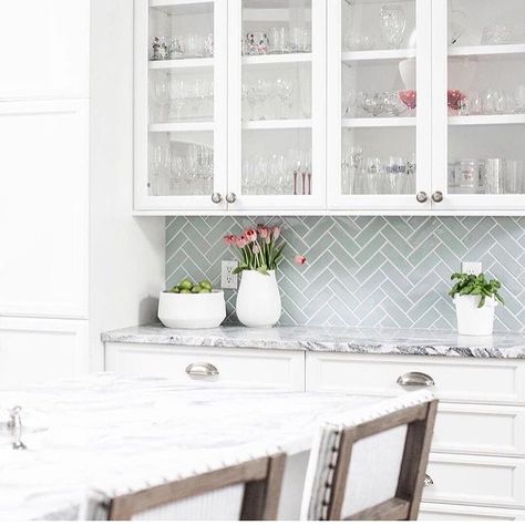 Sarah•Hayes’s Instagram post: “Herringbone tile gets me every time 📸credit: @briahammelinteriors via @thebuckheadoffice” Small Herringbone Backsplash, Blue Herringbone Backsplash, Herringbone Backsplash Kitchen, Bria Hammel Interiors, Glass Backsplash Kitchen, Bria Hammel, Blue Backsplash, Herringbone Backsplash, Kitchen Backsplash Designs