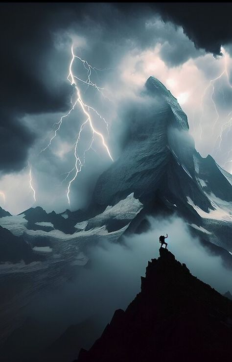 Lone Climber Braves Lightning Storm for Summit Triumph. Graphic Essay, Paint Mountains, Storm Mountain, Storm Lightning, Thunderstorm Clouds, Anime Inspiration, Writing Projects, Book Fanart, Lightning Storm