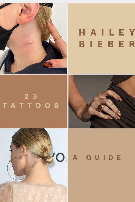 A Guide to All The Tattoos That Hailey Baldwin Bieber Has Inked Her Skin With – Celebrity Tattoos Hailee Bieber Tattoo, Hailey Bieber Tats, Hailey Baldwin Tattoos, Celebrity Tiny Tattoos, Print Tattoo Fonts, Hailey Bieber Back Tattoo, Celebrity Women Tattoos, Haylie Bieber Tattoo, Hailey Bieber Tattoo Hip