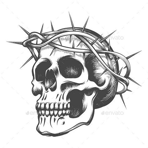 Halo Tattoo, Skull With Crown, Thorn Tattoo, Traditional Black Tattoo, Wreath Tattoo, Badass Drawings, Tattoo Templates, Wreath Drawing, Crown Tattoo