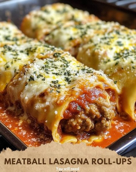 MEATBALL LASAGNA ROLL-UPS Dig into these delicious lasagna roll-ups filled with savory meatballs and creamy cheese an easy and fun twist on a classic dish! Ingredients: - 1 lb ground beef - 12 lasagna noodles - 2 cups marinara sauce - 1 cup ricotta cheese - 1 cup shredded mozzarella cheese - 1/2 cup breadcrumbs - 1/4 cup grated Parmesan cheese - 1 egg - 1 tsp Italian seasoning - Salt and pepper to taste Instructions: 1. Preheat oven to 375Â°F (190Â°C). 2. Cook lasagna noodles until al dent... Lasagna Roll Up, The Best Dinner Recipes, Meatball Lasagna, Delicious Lasagna, Savory Meatballs, Lasagna Roll, Lasagna Rollups, Lasagna Noodles, Seasoning Salt