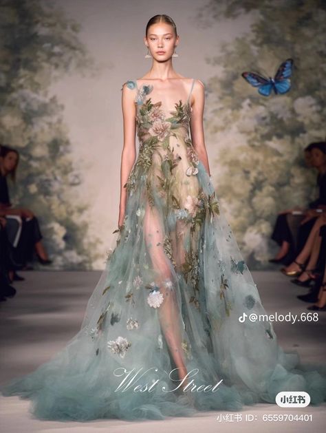 Ethereal Ball Gown Aesthetic, Floral Dress Met Gala, Fairy Haute Couture, Sheer Fantasy Dress, Extravagant Floral Dresses, Extravagant Flower Dress, Water Inspired Wedding Dress, Fairy Core Gown, Water Like Dress