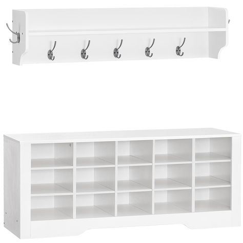 PRICES MAY VARY. Multifunctional Furniture: This white hall tree features a wall-mounted coat rack and a shoe bench with storage compartments. It's a practical combination that can be used together or separately to store clothes, hats, bags, shoes and boots, creating a clutter-free home Large Capacity Coat Rack Shoe Bench: With dimensions of 43.3"L x 11.8"W x 19.5"H, the shoe storage bench has 3 distinct cubby sizes to meet your storage needs, 15 cubbies to store 15 pairs of shoes. The detachabl Garage Shoe Storage, Bench Coat Rack, Bench With Coat Rack, Foyer Storage, Coat And Shoe Storage, Coat Rack Shoe Bench, Wall Cubbies, Coat And Shoe Rack, Mudroom Organization