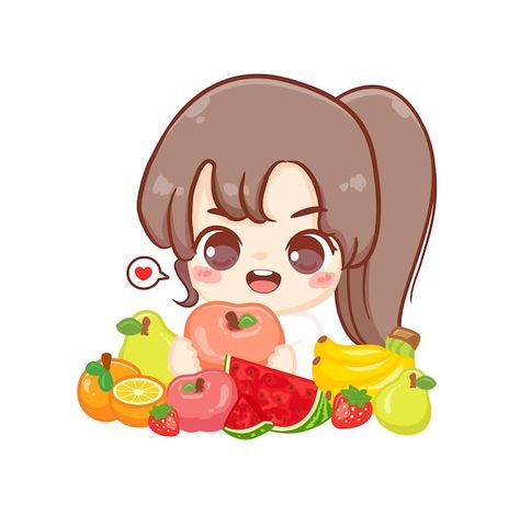 Vector happy cute kid girl eat healthy f... | Premium Vector #Freepik #vector #cute-fruit #girl-eat #kids-eat #eating-apple Kawaii Healthy Food, Food Kawaii, Fruits Drawing, Fruit Vector, Dress Brokat, Food Cartoon, Healthy Fruit, Fruit Food, Kawaii Cartoon