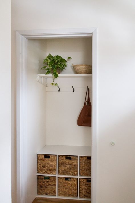 Hall Closet Made Into A Mini Mudroom - zevy joy Entry Closet Ideas, Hall Closet Organization, Mini Mudroom, Coat Closet Ideas, Front Hall Closet, Front Closet, Mudroom Closet, Organizar Closet, Entry Closet