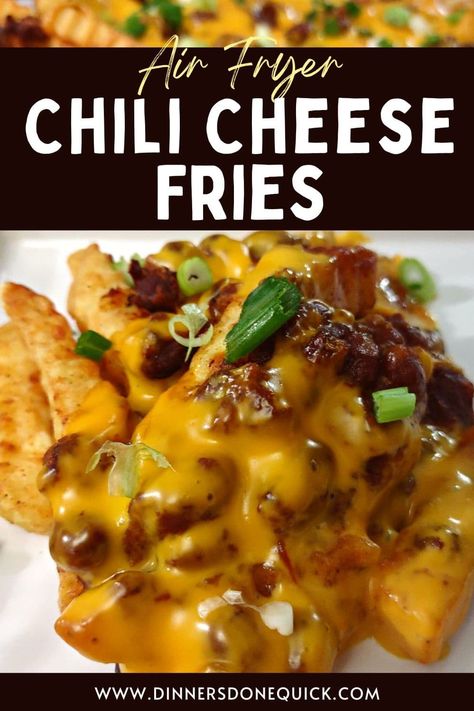 Learn how to make this hearty chili cheese fries recipe in the air fryer! You can combine everything into one basket for cooking! #dinnersdonequick #chilicheesefries #chilicheesefriesrecipe #howtomakechilicheesefries #bestchilicheesefries #homemadechilicheesefries #loadedchilicheesefries #bestchilicheesefriesrecipe #chilicheesefriesairfryer #chilicheesefriesrecipeeasy #airfryerfries #howtocookfriesintheairfryer Chili Cheese Fries Easy, Cheese Fries Air Fryer, Homemade Chili Cheese Fries, Air Fryer Chili, Leftover Chili Recipes, Chili Cheese Fries Recipe, Chilli Cheese Fries, Cheese Fries Recipe, Frozen Fries